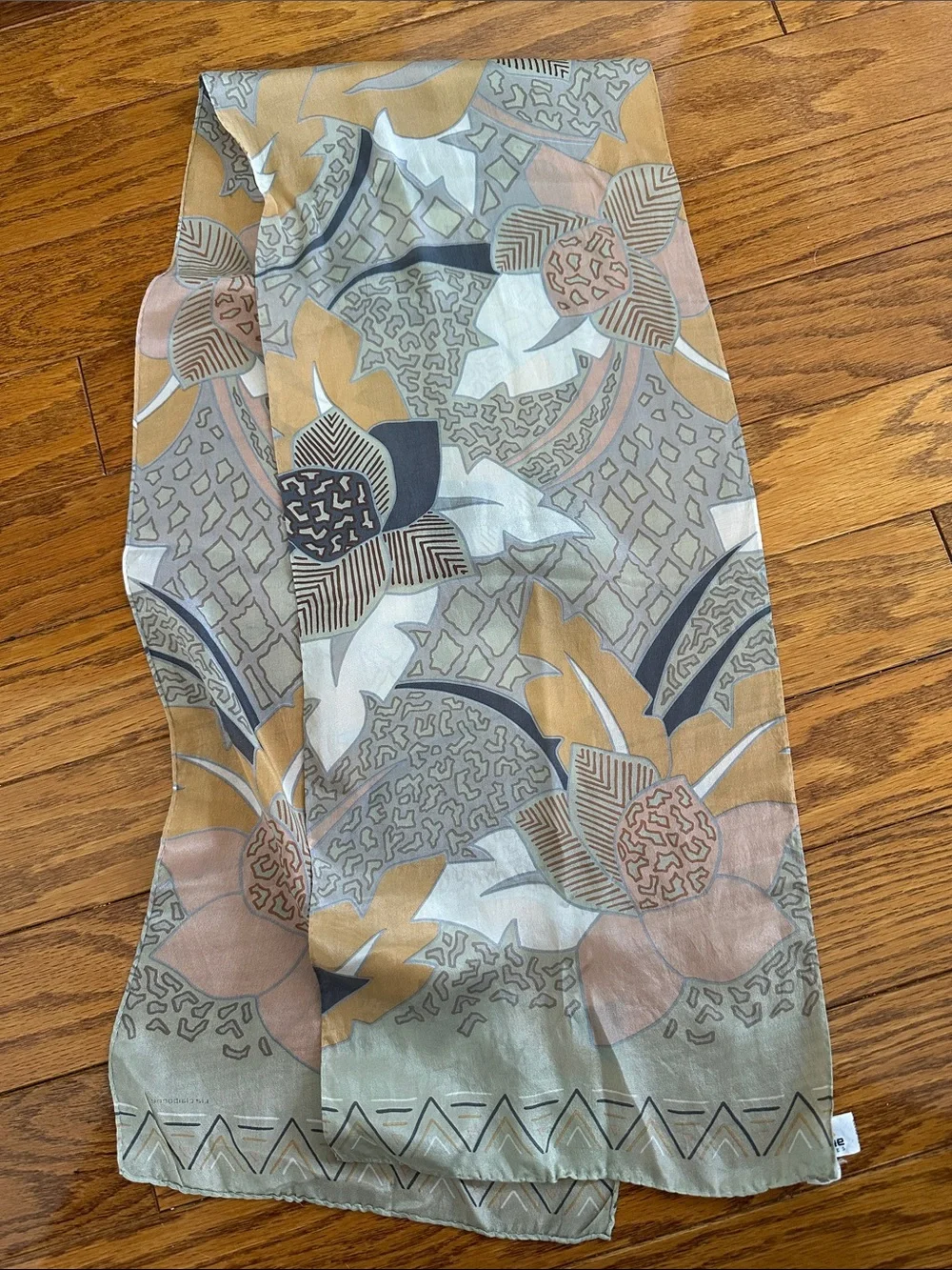 Vtg  80s Liz Claiborne Silk Scarf in‎ Gold, Pink & Gray Abstract Floral Print